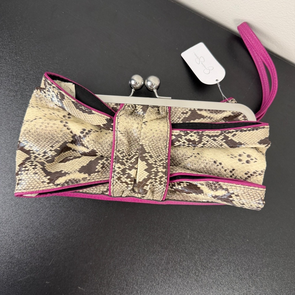 Jessica Simpson Bow Wristlet Bag Women's Beige Snakeskin Print Classic Kiss-Lock